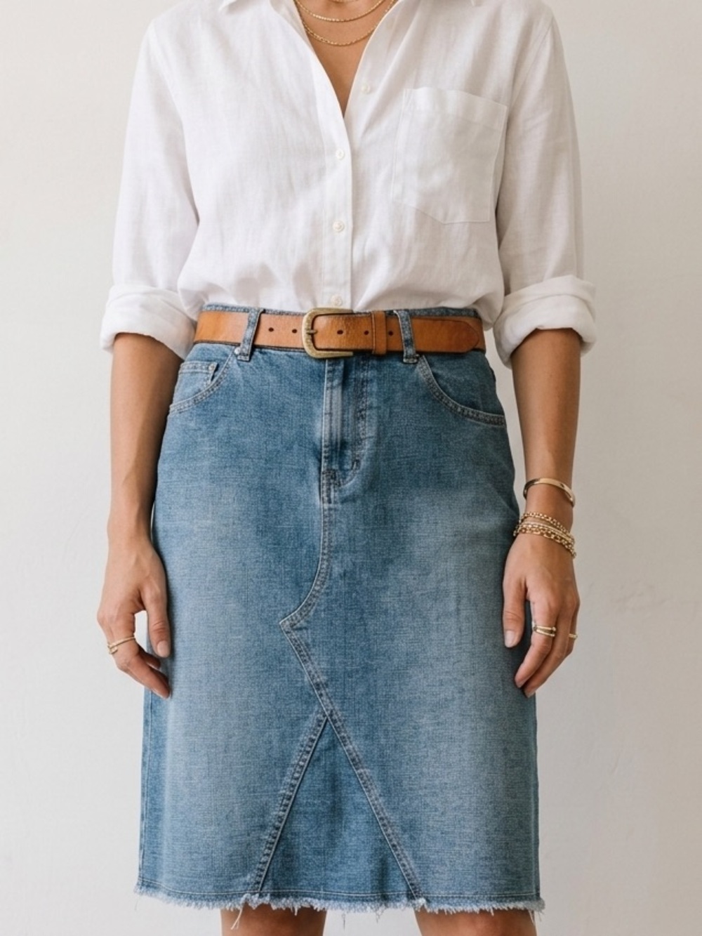Aeropostale Blue Denim Midi Skirt with Brown Belt